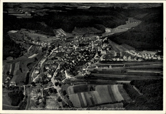Postcard Rodalben in the Palatinate, aerial photograph of Rodalben, forest landscape,