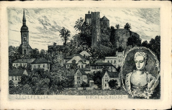 Postcard Old Town Stolpen in Saxony, castle, church, architecture, etching, idyllic landscape