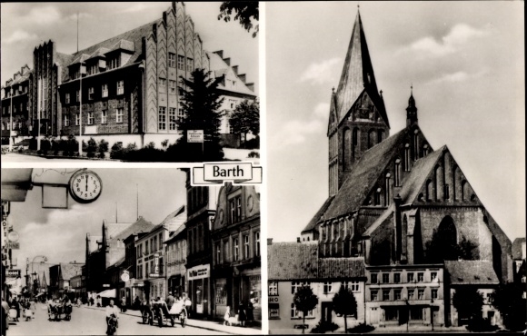 Postcard Barth on the Baltic Sea, church, street area, passers-by, shops