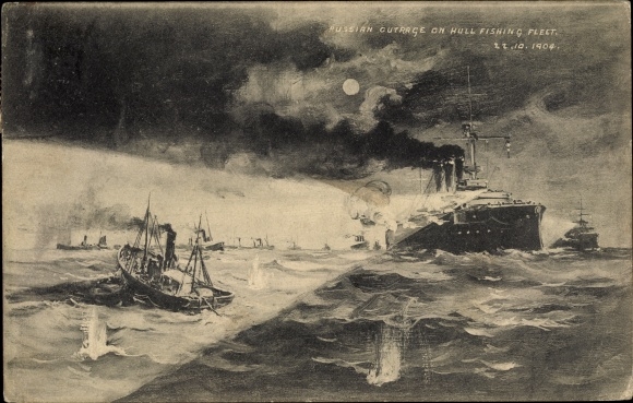 Postcard British fishing boats are torpedoed by Russian ships