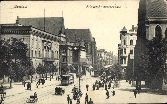 Postcard Breslau (Wrocław) in Silesia, Schweidnitzer Straße, tram
