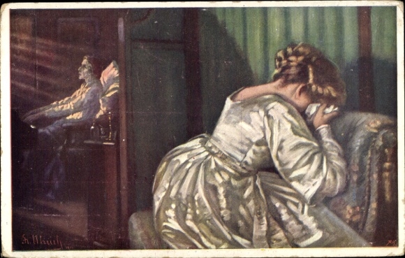 Kunstenaar Ak Ulreich, Chopin zittend aan de piano en spelend op de achtergrond, huilende vrouw zittend vooraan