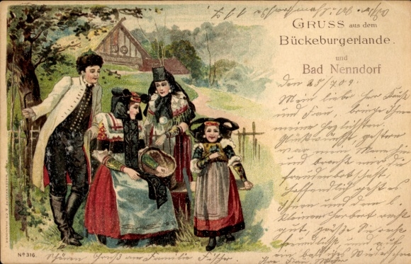 Chromo-Litho Bad Nenndorf on the Weser, Bückeburg, people in traditional costumes
