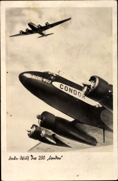 Postcard Focke Wulf fighter plane, Fw 200C Condor in flight and passenger plane