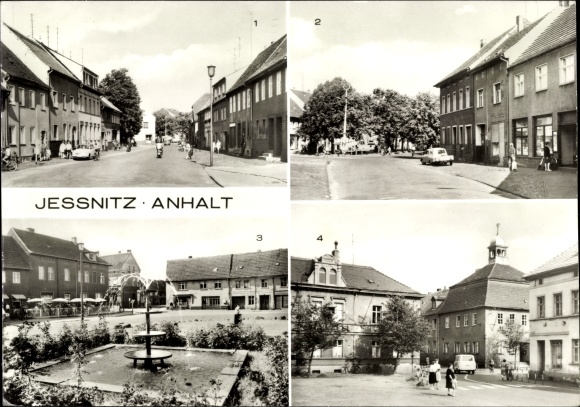 Ak Jessnitz Jessnitz in Anhalt, Karl-Liebknecht-Strasse, Thälmannplatz, gemeentehuis, spaarbank
