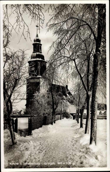Ak Schellerhau Altenberg im Erzgebirge, Kirche, Winteransicht