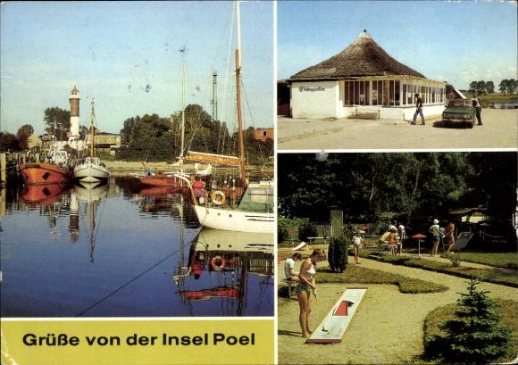Postcard Insel Poel Mecklenburg, Timmendorf harbor, Kirchdorf HOG harbor pavilion, Schwarzer Busch