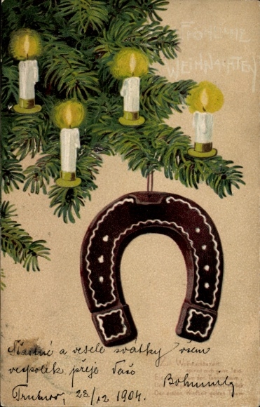 Reliëf ansichtkaart Vrolijk Kerstfeest, kerstboom, hoefijzer