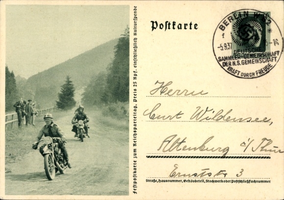 Postal stationery Postcard Krad driver, NSKK, motorcycles, Nazi Party Rally