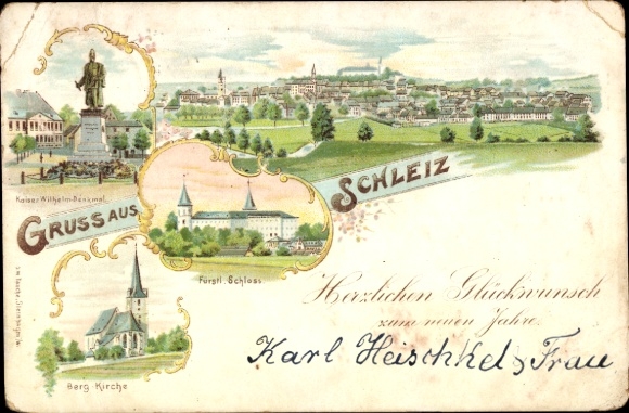 Litho Burgk Schleiz in Thüringen, Schloss, Kaiser Wilhelm-Denkmal, Kirche, Neujahr