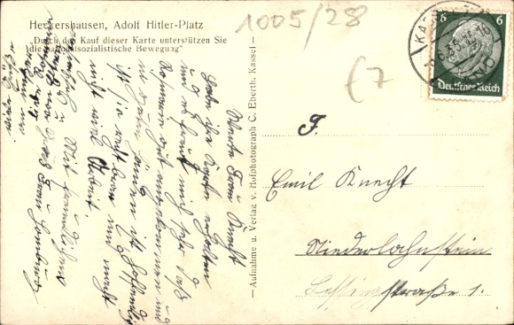 Postcard Heckershausen Ahnatal in Hessen, Adolf Hitler Platz