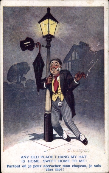 Artist Postcard McGill, Donald, man with hat umbrella and cigar stands by a lantern.