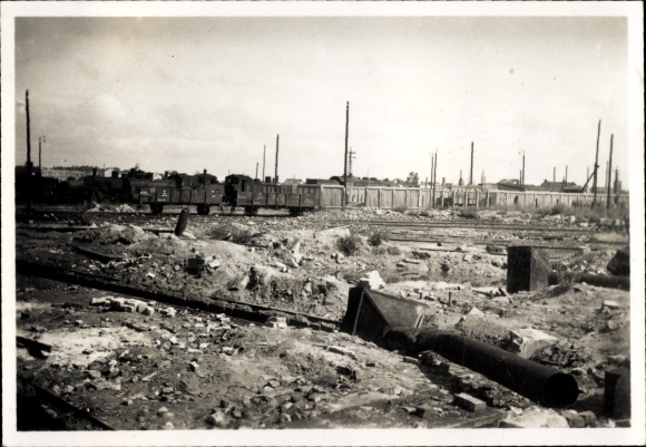 Photo Warszawa Warsaw Poland, freight station, track side, war damage, II WW