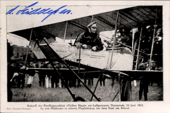Ak Postflugmaschine Gelber Hund, Luftpostamt Darmstadt, 10. Juni 1912, Lt. von Hiddessen, Autogramm