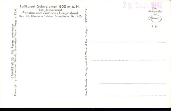 Postcard Schweigmatt Raitbach Schopfheim in Baden, aerial photograph, Pension Lueginsland