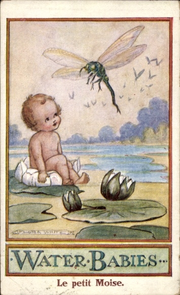Artist Postcard White, F., Baby and Dragonfly, Pond, Water Lily