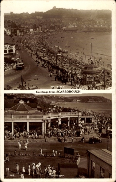 Postcard Scarborough North Yorkshire, beach with crowds, CAFE, NORTH BAY, old