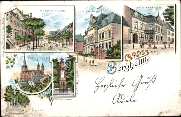 Chromo-Litho Bergheim an der Erft, Hotel Weidenbach, Estates House, Main Street, Catholic Church, Cross