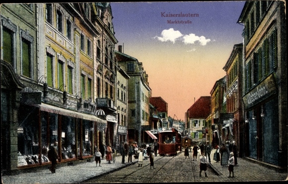 Postcard Kaiserslautern in Rhineland-Palatinate, view of Marktstrasse, shop J. Weber, tram