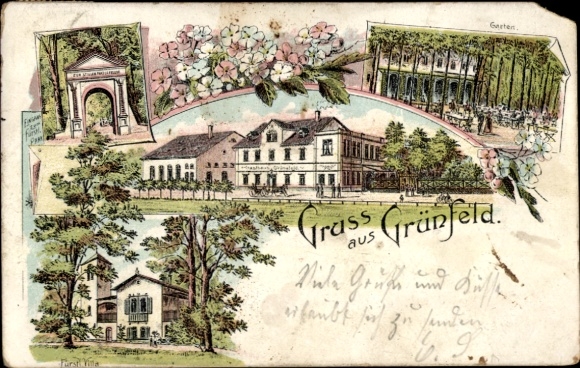 Postcard Grünfeld Waldenburg in Saxony, various buildings, flowers, 'Greetings from Grünfeld', garden view