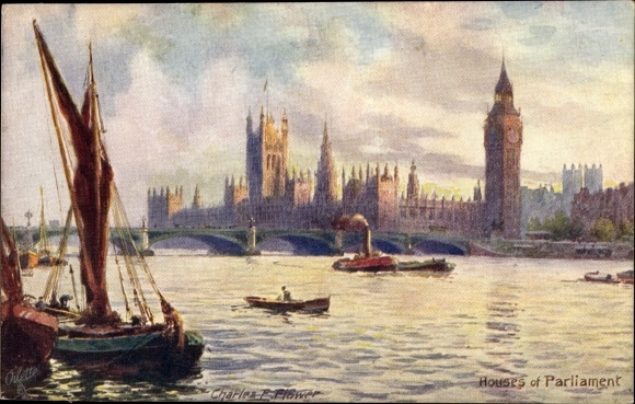 Artysta KP Flower, Charles, London City England, Houses of Parliament, łodzie