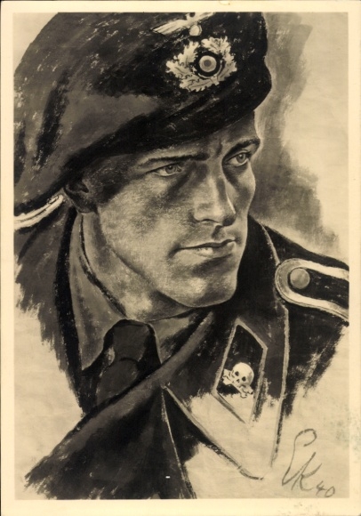 Artist Postcard Kretschmann, Ernst, Panzerspähmann, skull in collar patch, HDK 117