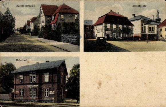 Ak Neschwitz in der Oberlausitz Sachsen, Bahnhofstraße, Marktplatz, Bahnhof Gleisseite