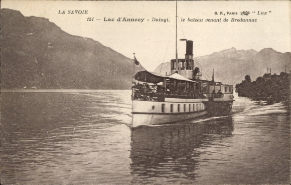 Postcard Lac d'Annecy, Duingt, the boat comes from Bredannaz