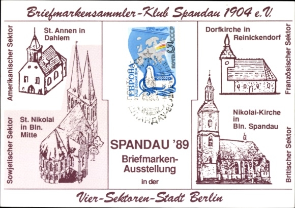 Ak Berlin Spandau,  Briefmarkenausstellung Spandau, Kirchenbilder, vier Sektoren