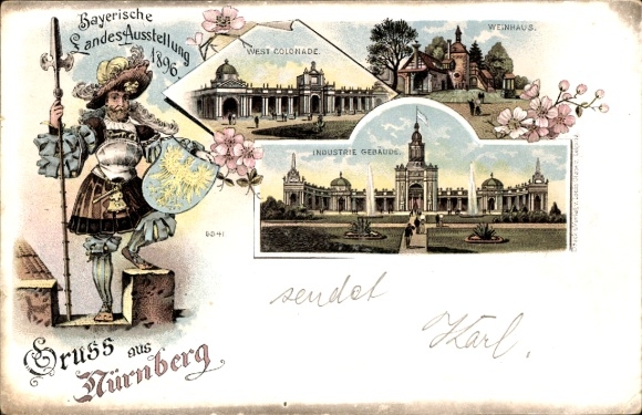 Chromo-Litho Nuremberg, Bavarian State Exhibition 1896, west colonnade, wine house, industrial building