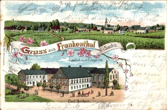 Chromo-Litho Frankenthal in Lusatia Saxony, general view, Gasthof zum Erbgericht, owner Paul Hockert