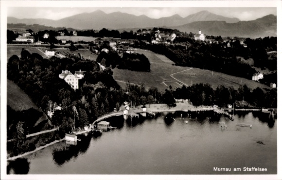 Postcard Murnau am Staffelsee, landscape photo, lake view, mountains in the background, town of Murnau