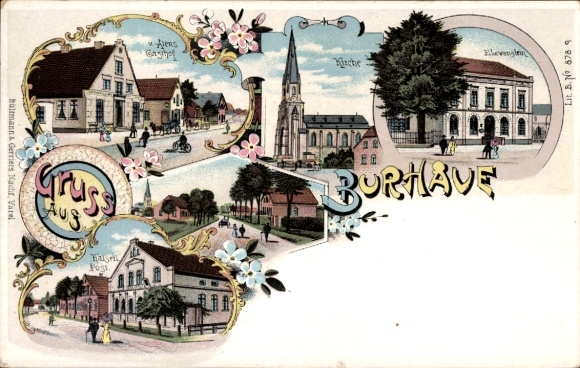 Chromo-Litho Burhave Butjadingen Wesermarsch, church, inn, post office