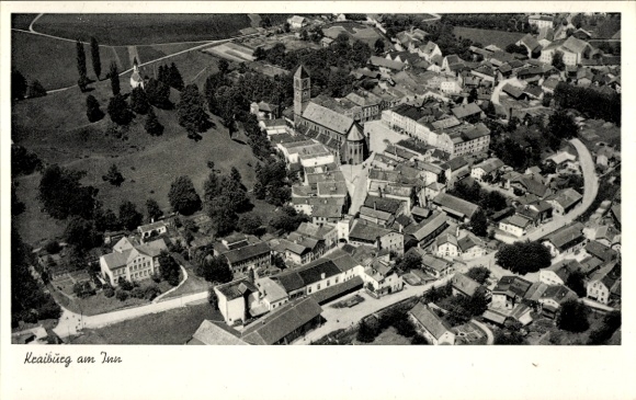 Postcard Kraiburg am Inn Upper Bavaria, aerial view of church, houses, landscape