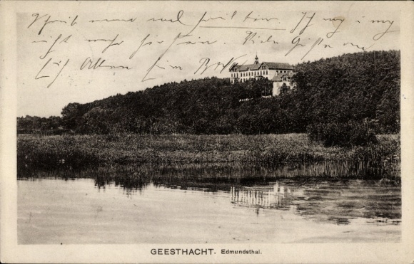 Postcard Geesthacht on the Elbe, picture of a viewpoint over water, buildings in the background, old