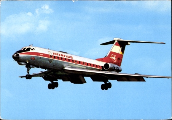 Postcard German passenger aircraft Tupolev TU-134, Interflug, turbine jet airliner