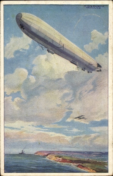 Artist PC Schulze, Hans Rudolf, Reichsmarine airship, guards the German Baltic Sea coast