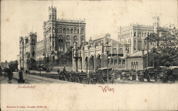 Ak Wien Wien 2, Leopoldstadt, Blick von der Straßenseite auf den Nordbahnhof, Kutschen
