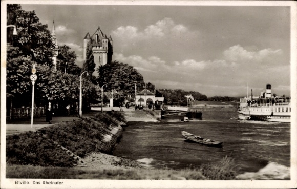 Ak Eltville am Rhein Hessen, Rheinufer, Boot, Schiff, Baum, Turm