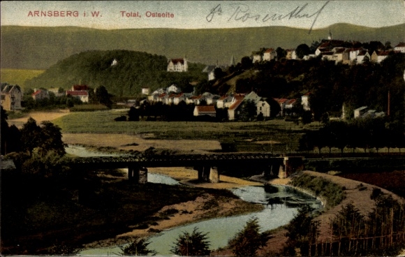 Ak Arnsberg im Sauerland Westfalen, Arnsberg i.W., Total, Ostseite, Brücke, Landschaft