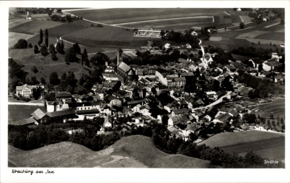 Postcard Kraiburg am Inn Upper Bavaria, aerial view of traditional architecture, green fields, bridge