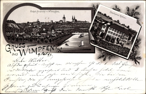 Chromo-Litho Bad Wimpfen am Neckar Heilbronn district, Badhotel Ritter, total view of the village