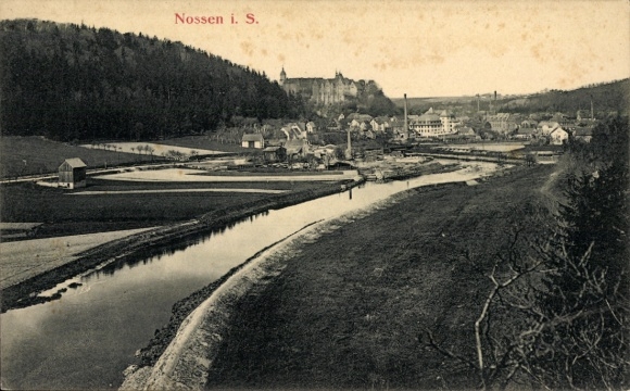 Postcard Nossen in Saxony, city view, river, buildings, forests in the background