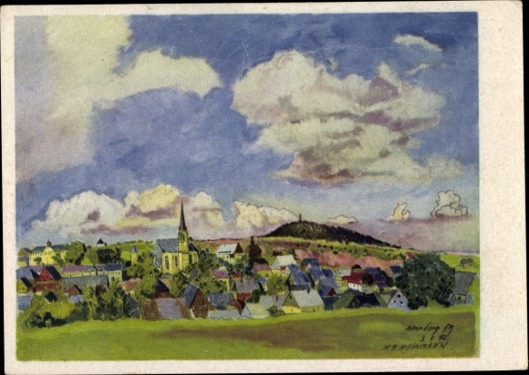 Kunstenaarskaart Heinmann, Altenberg Erzgebirge, 500 jaar Zinnstadt, afstandsschot, kerk, plaats