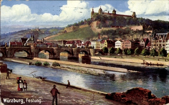 Artist Postcard Würzburg am Main Lower Franconia, Marienberg Fortress, Bridge, Mainpartie