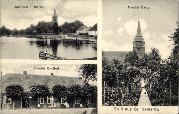 Postcard Groß Nemerow in Mecklenburg, village pond, church, Ewald&#39;s inn, Ewald&#39;s garden