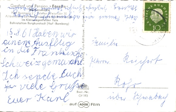 Postcard Weihersmühle Weismain Upper Franconia, Gasthof Forelle