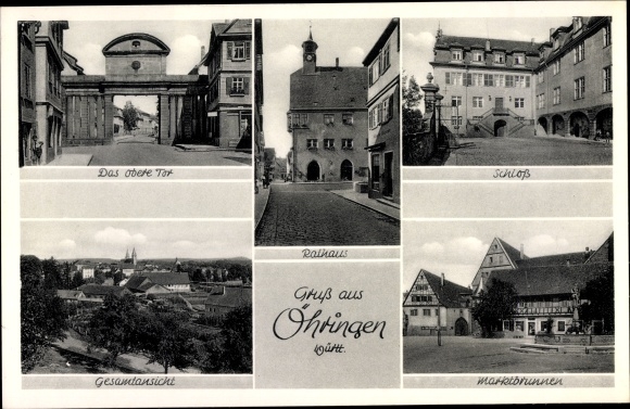 Postcard Öhringen in the Hohenlohe district of Württemberg, castle, town hall, upper gate, market fountain