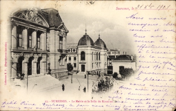 Ak Suresnes Hauts de Seine, Historisches Gebäude, Rathaus, Versammlungsraum, Straßenszene