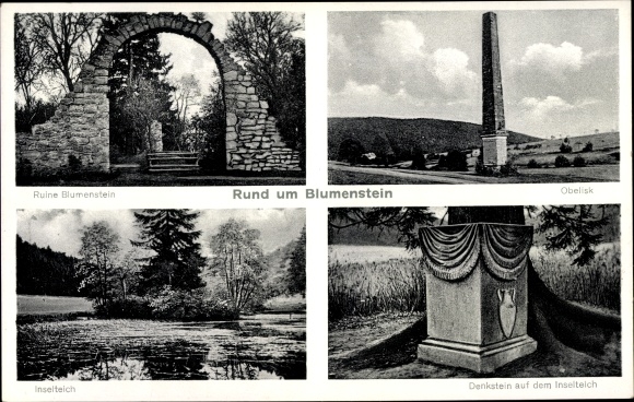 Postcard Wildeck Hessen, Blumenstein ruins, island pond, obelisk, memorial stone